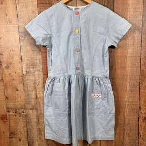 Vintage 90s Esprit Kids Blue Cotton Dress Multi Color Flower Buttons Girls Large